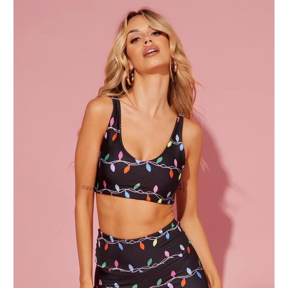 Goldsheep holiday lights sports bra